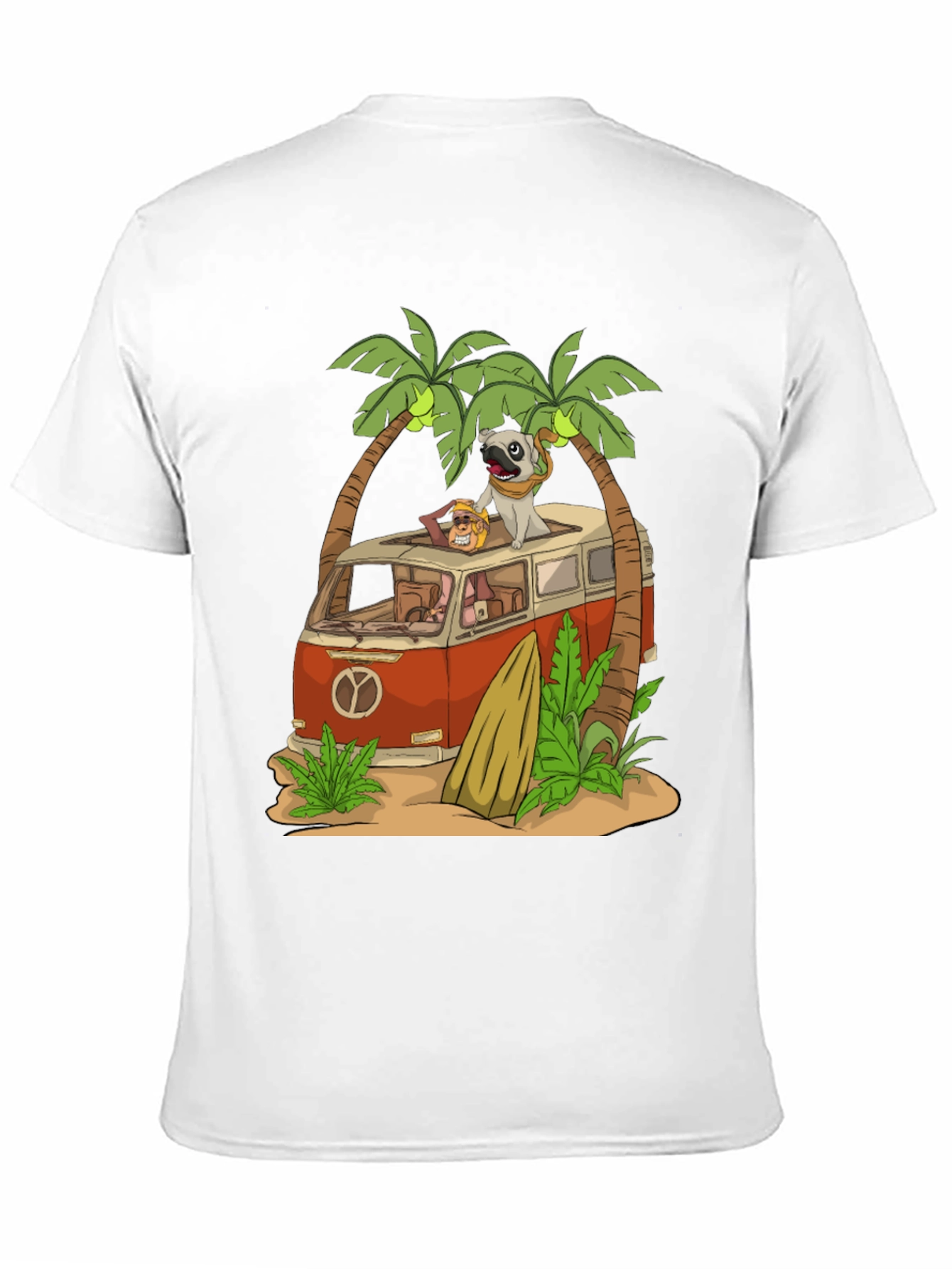 Camiseta Negra con Diseño de Playa y Pug Viajero