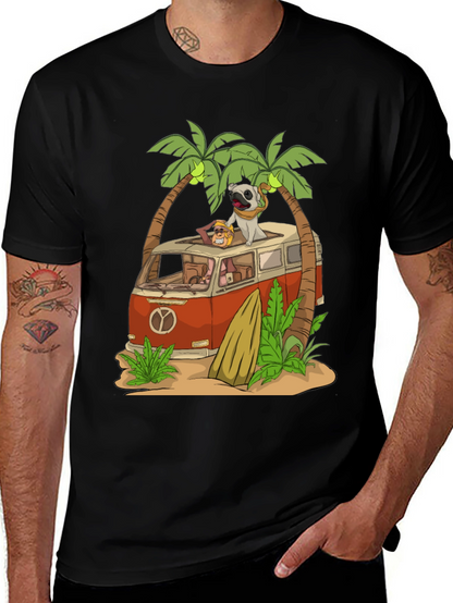 Camiseta Negra con Diseño de Playa y Pug Viajero
