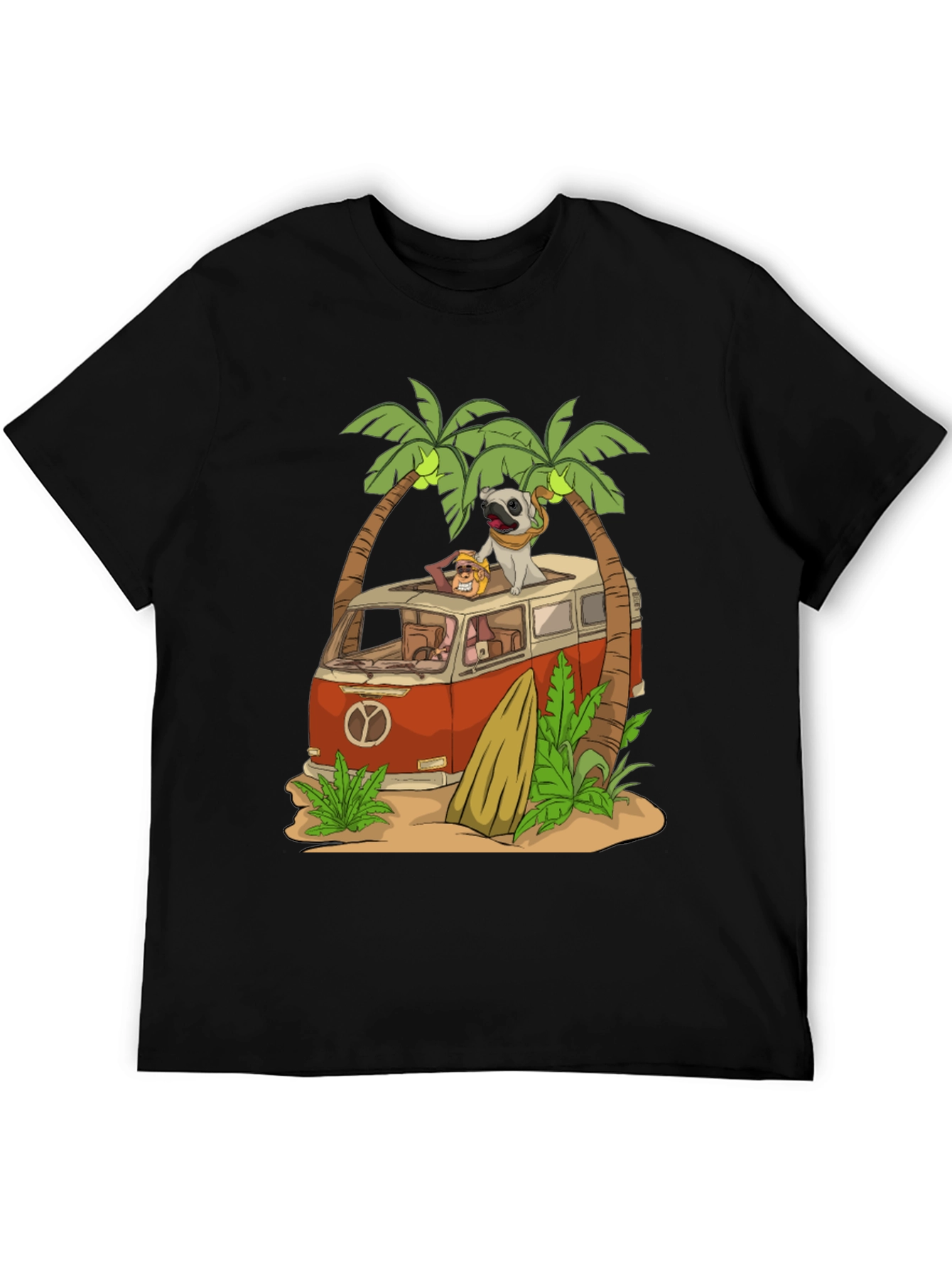 Camiseta Negra con Diseño de Playa y Pug Viajero