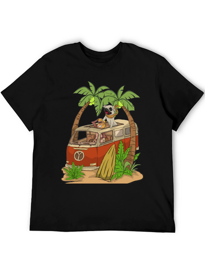 Camiseta Negra con Diseño de Playa y Pug Viajero