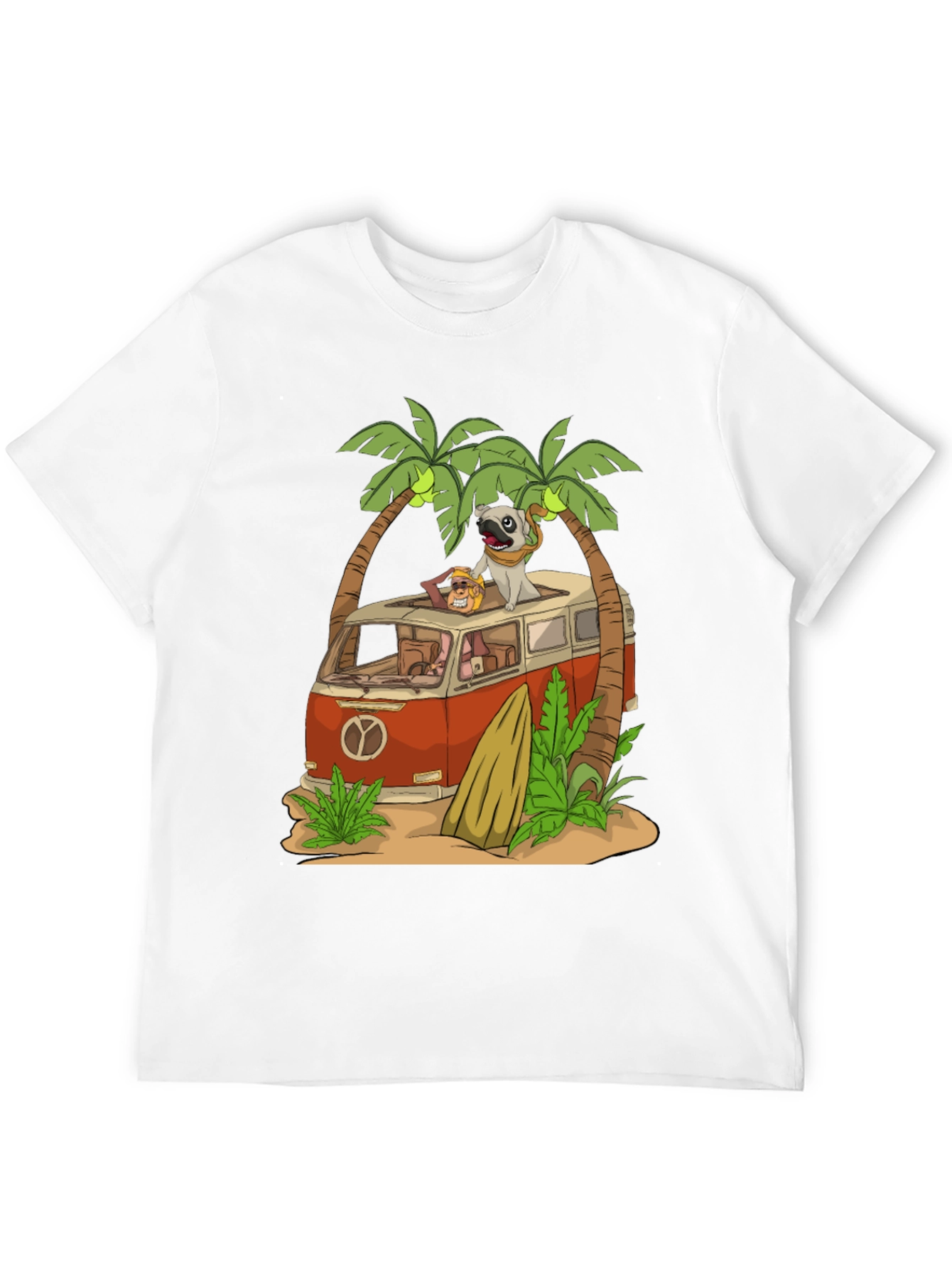 Camiseta Negra con Diseño de Playa y Pug Viajero