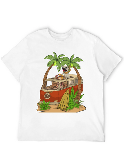 Camiseta Negra con Diseño de Playa y Pug Viajero