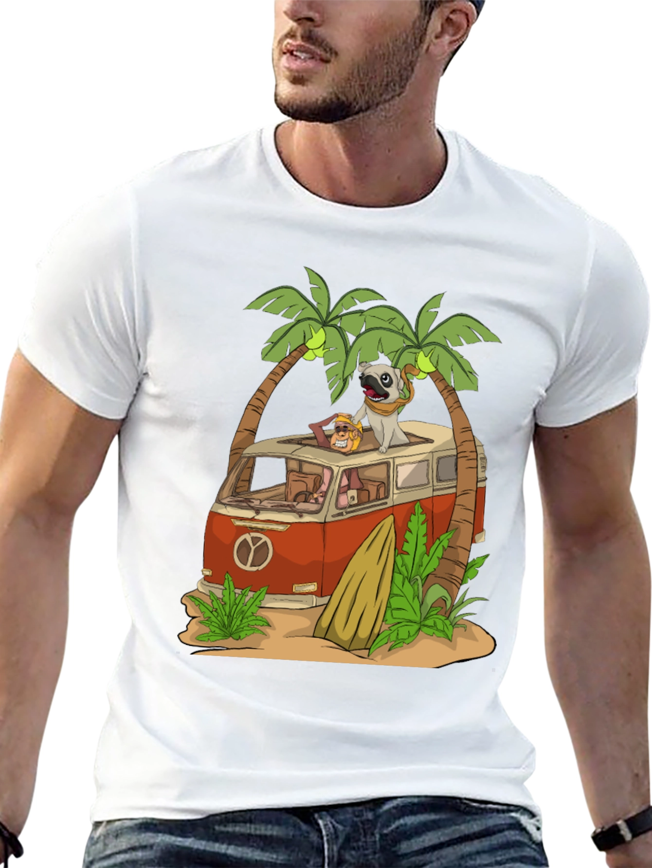 Camiseta Negra con Diseño de Playa y Pug Viajero