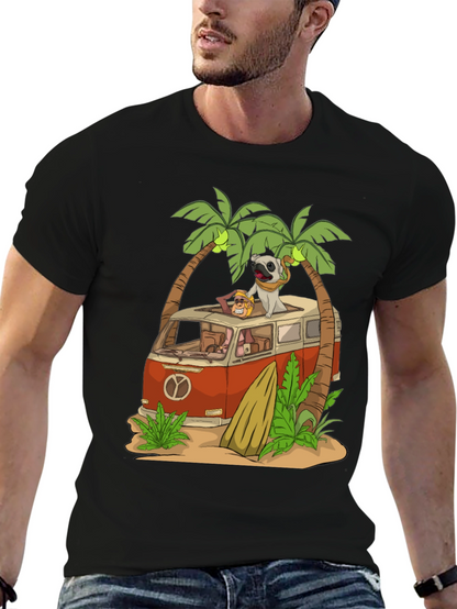 Camiseta Negra con Diseño de Playa y Pug Viajero
