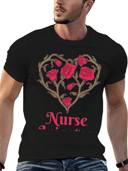 Camiseta Negra Corazón Floral Enfermera