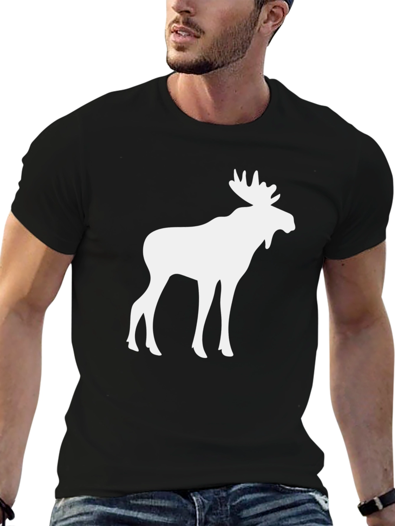 Camiseta Negra con Diseño de Alce Blanco