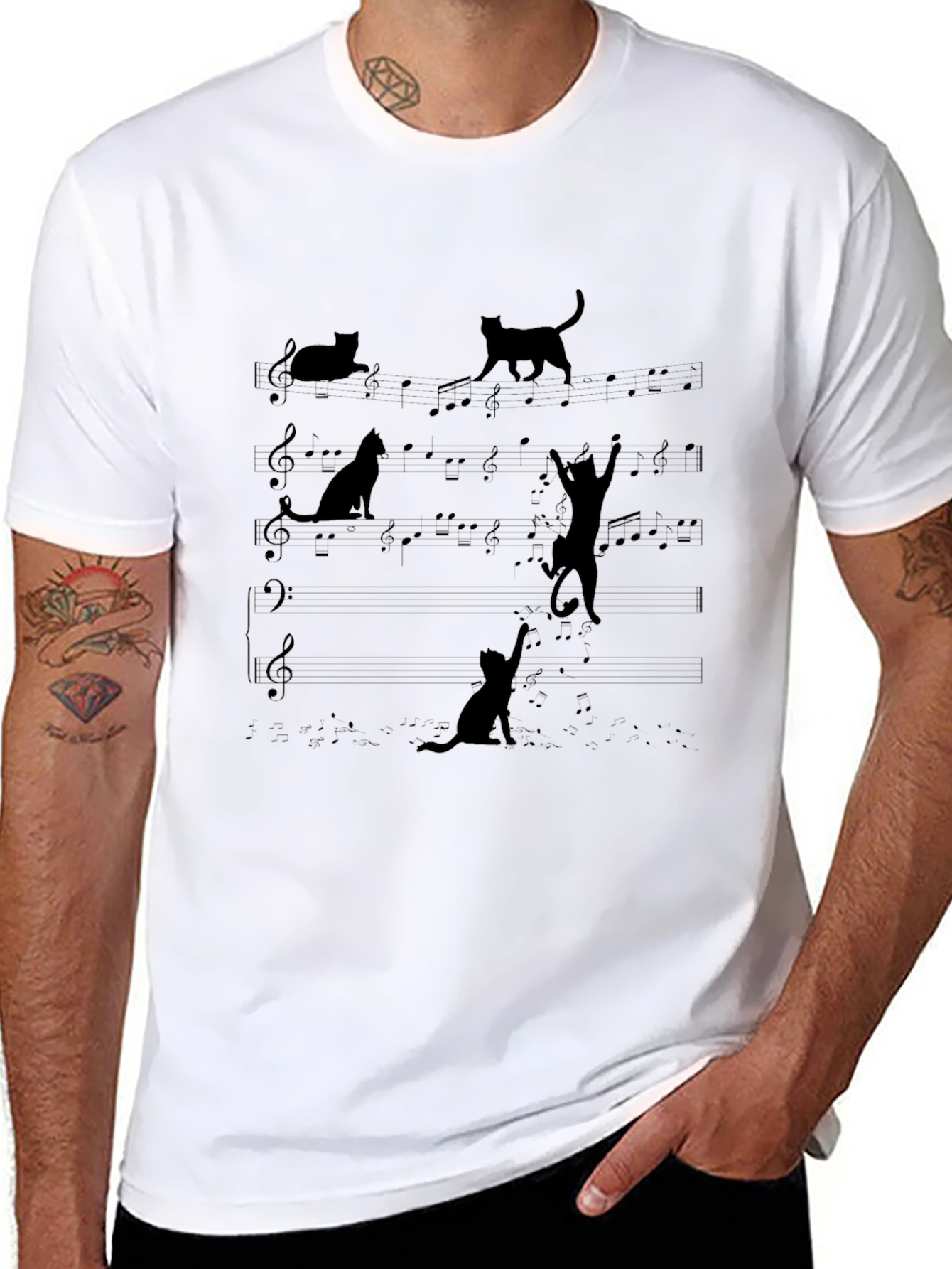Camiseta Negra con Diseño de Gatos Musicales