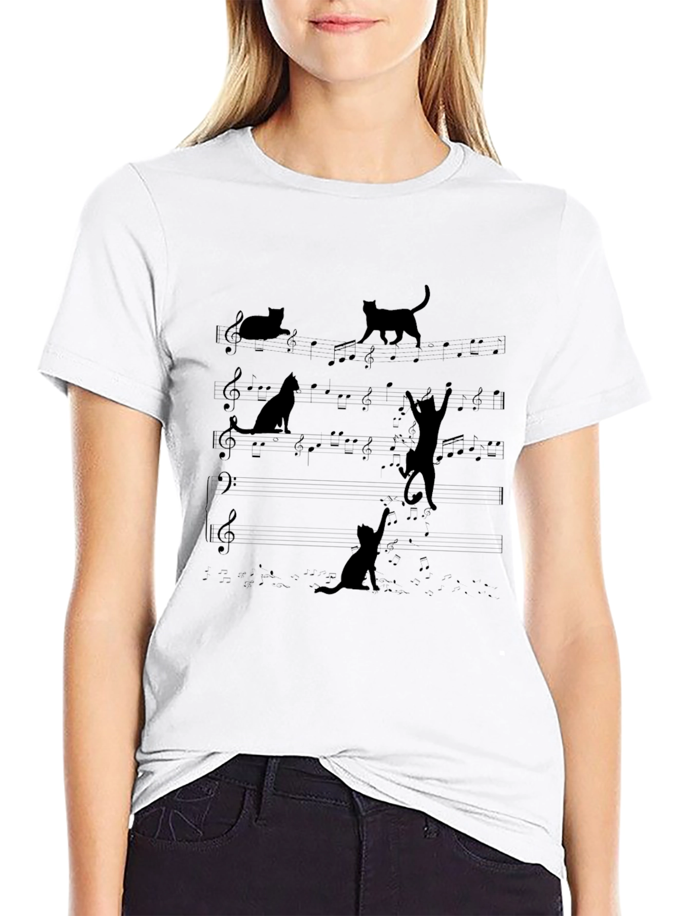 Camiseta Negra con Diseño de Gatos Musicales