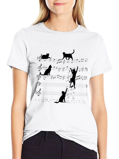 Camiseta Negra con Diseño de Gatos Musicales
