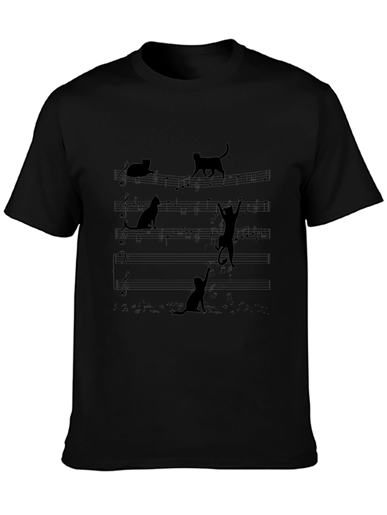 Camiseta Negra con Diseño de Gatos Musicales
