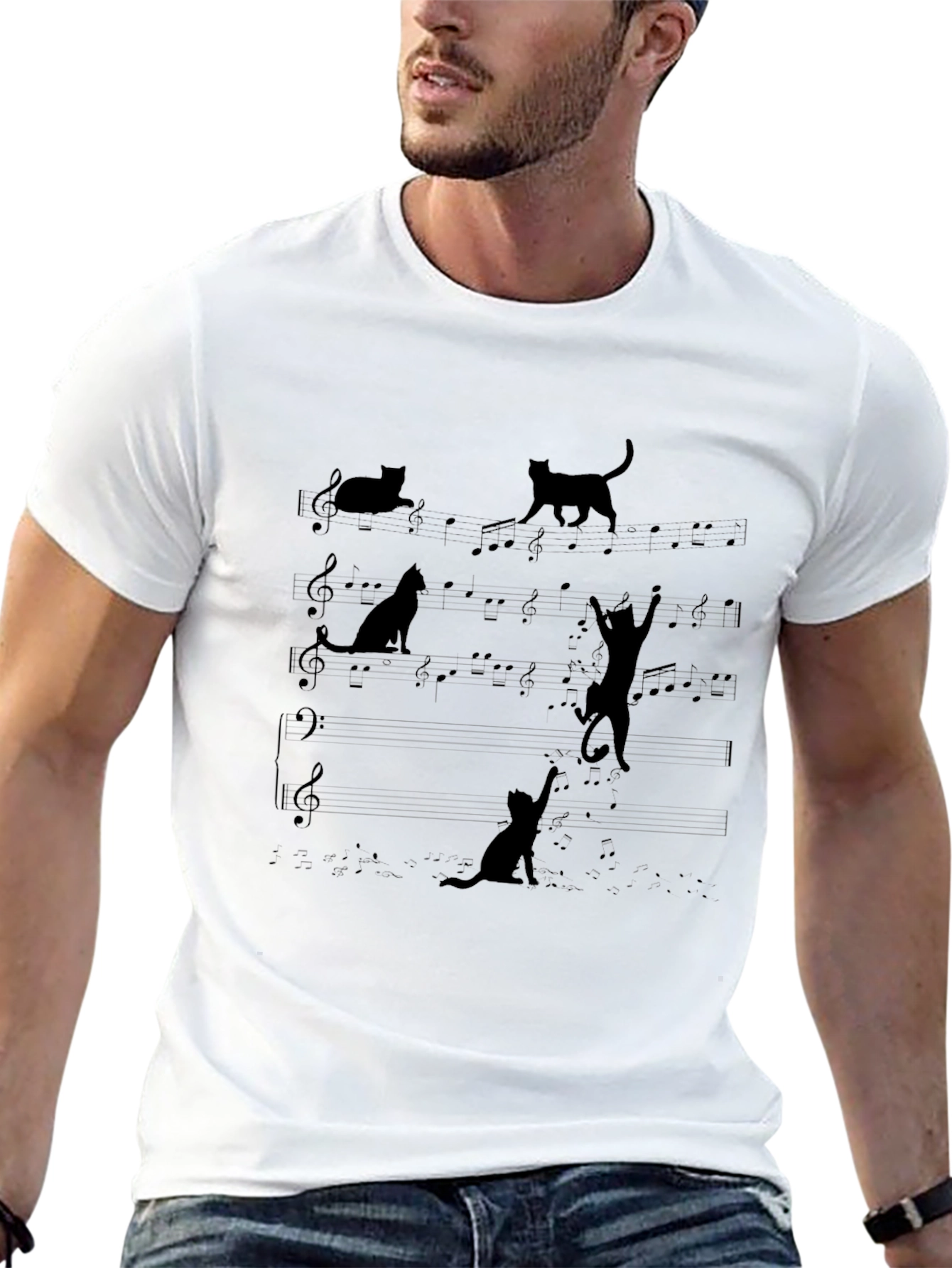Camiseta Negra con Diseño de Gatos Musicales