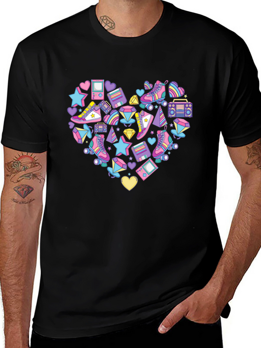 Camiseta Negra con Diseño Retro en Forma de Corazón