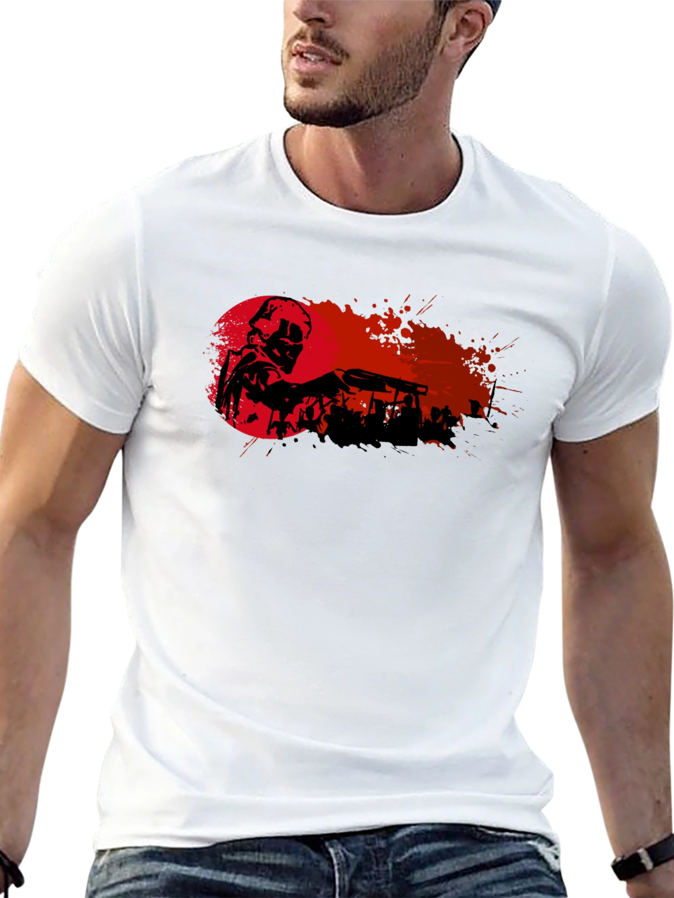 Camiseta Negra con Diseño de Soldado y Fondo Rojo