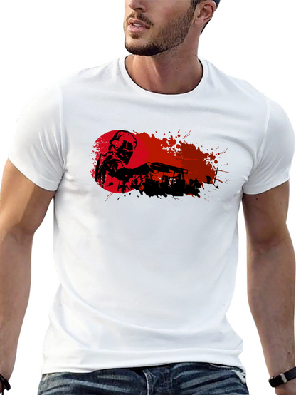 Camiseta Negra con Diseño de Soldado y Fondo Rojo