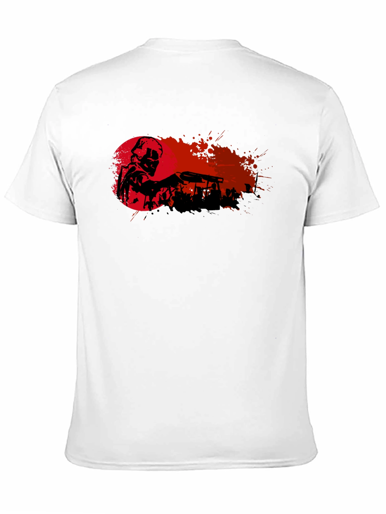 Camiseta Negra con Diseño de Soldado y Fondo Rojo