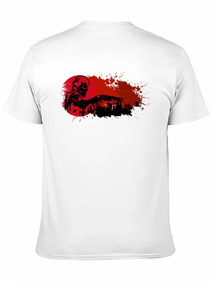 Camiseta Negra con Diseño de Soldado y Fondo Rojo