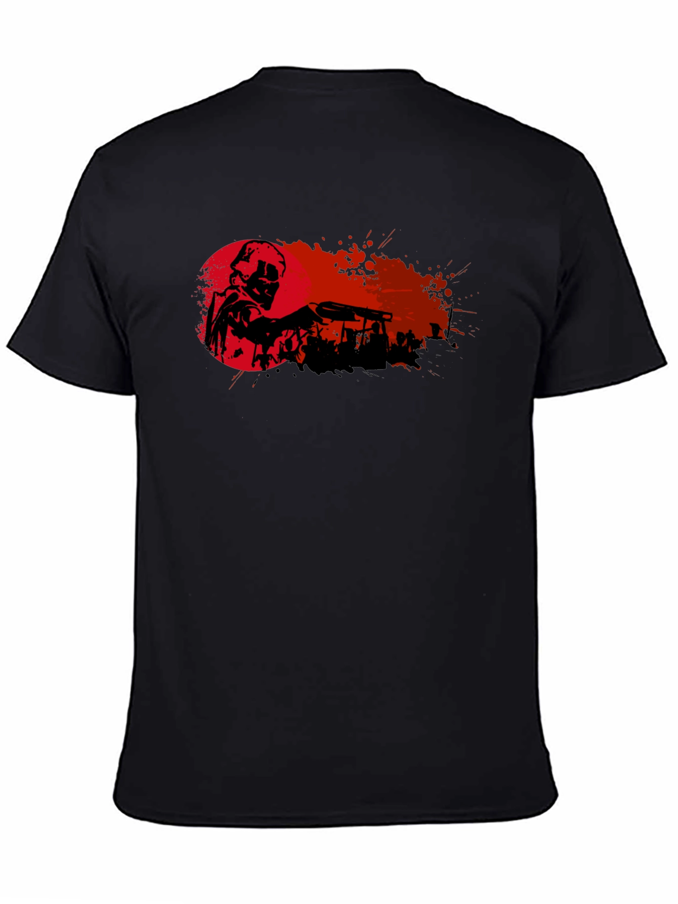 Camiseta Negra con Diseño de Soldado y Fondo Rojo