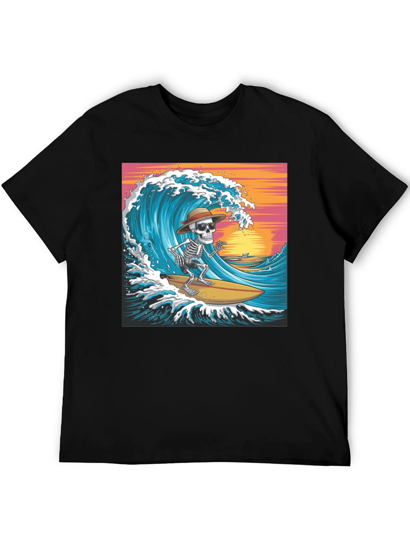 Camiseta Negra Estampada Surfista Esqueleto