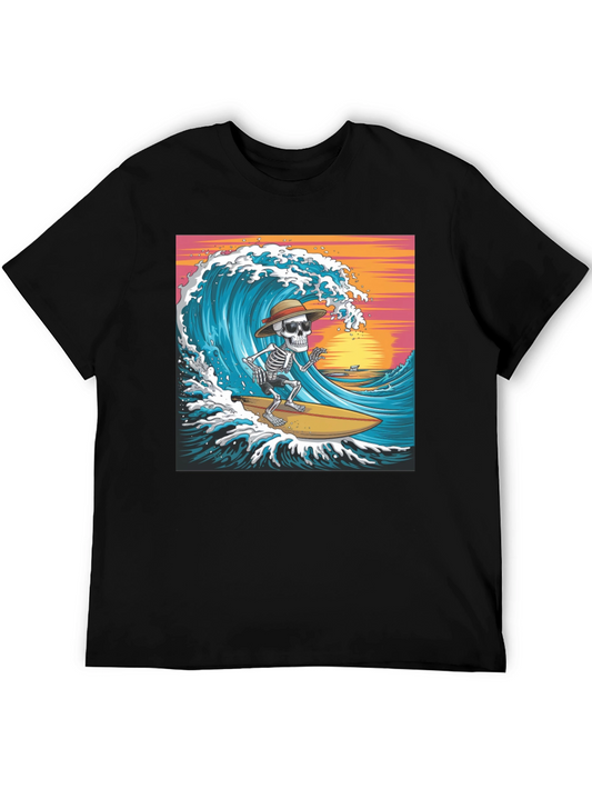 Camiseta Negra Estampada Surfista Esqueleto