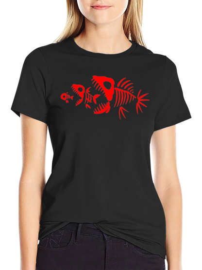Camiseta Negra con Diseño de Esqueletos de Peces Rojos