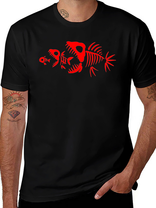Camiseta Negra con Diseño de Esqueletos de Peces Rojos