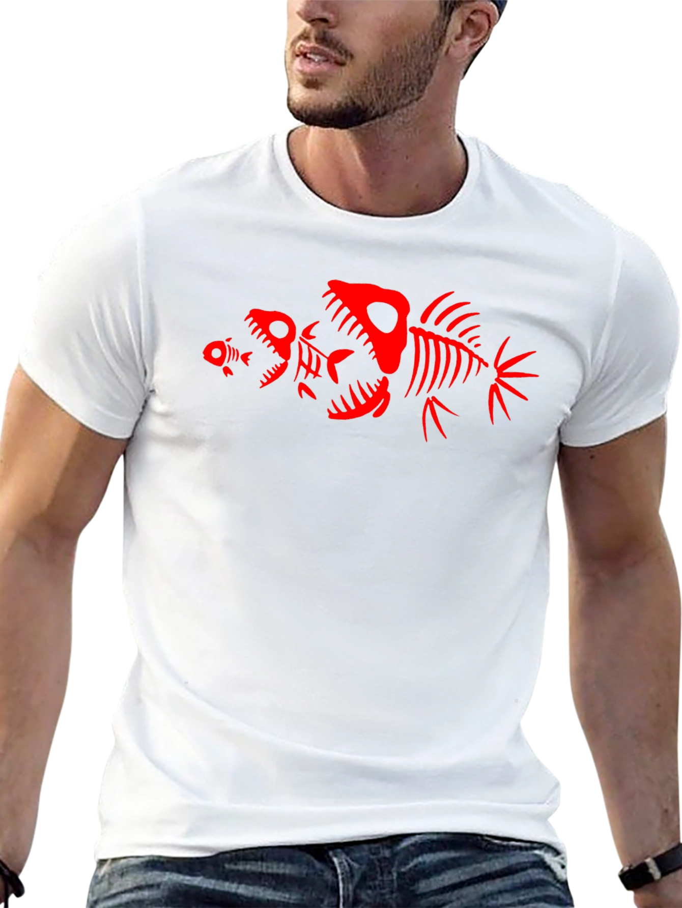 Camiseta Negra con Diseño de Esqueletos de Peces Rojos