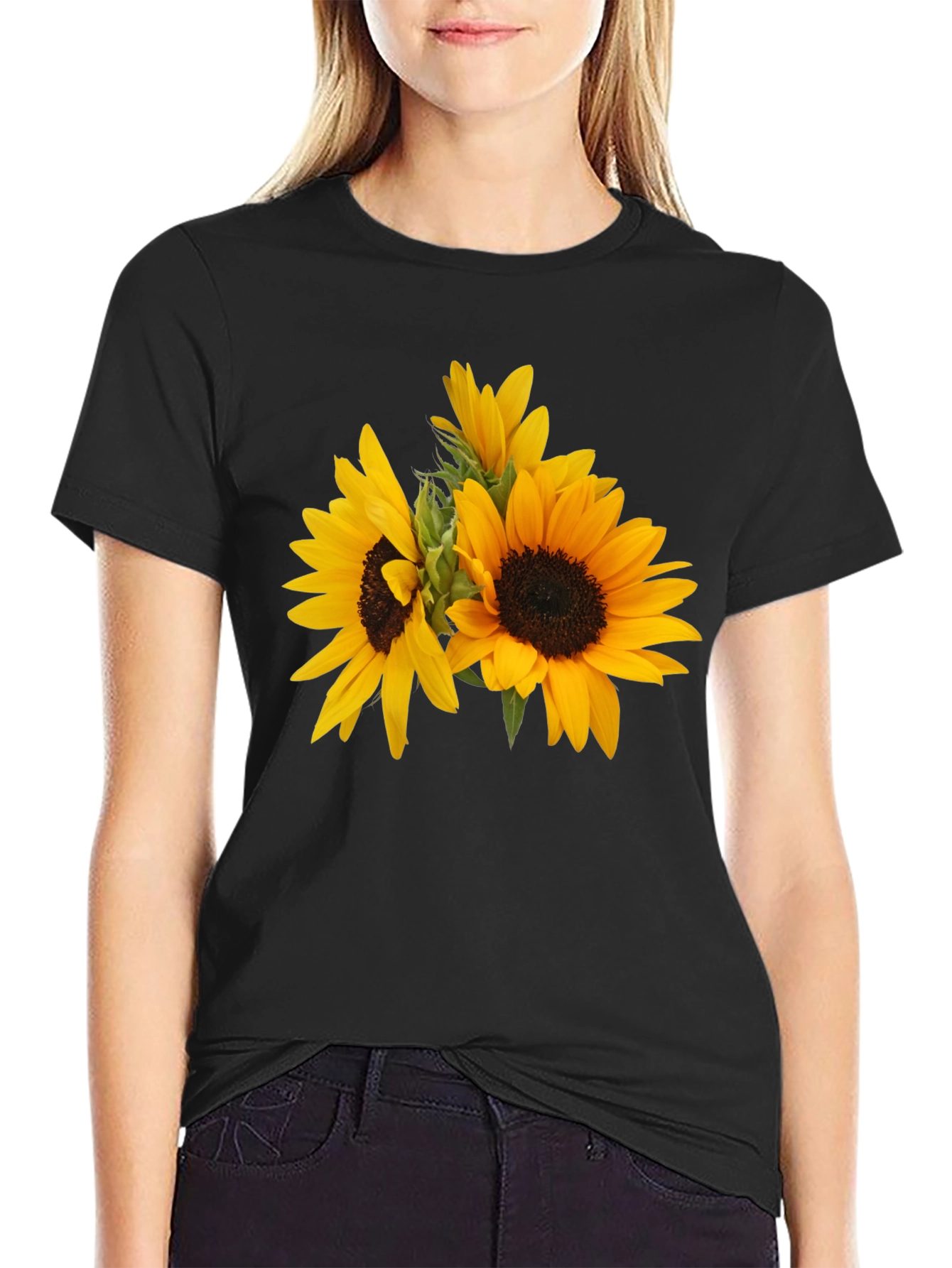 Camiseta Negra con Girasoles Estampados