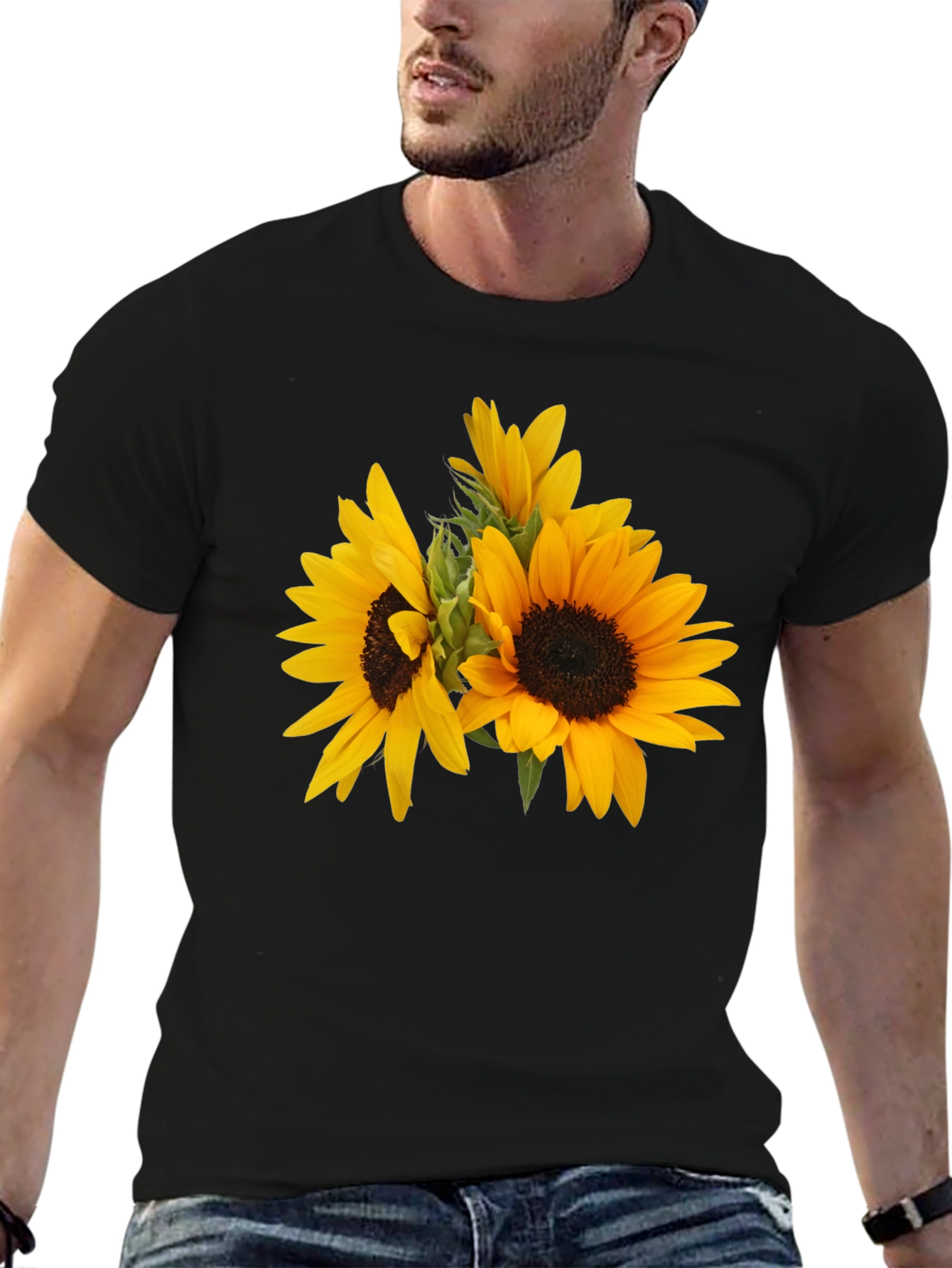 Camiseta Negra con Girasoles Estampados