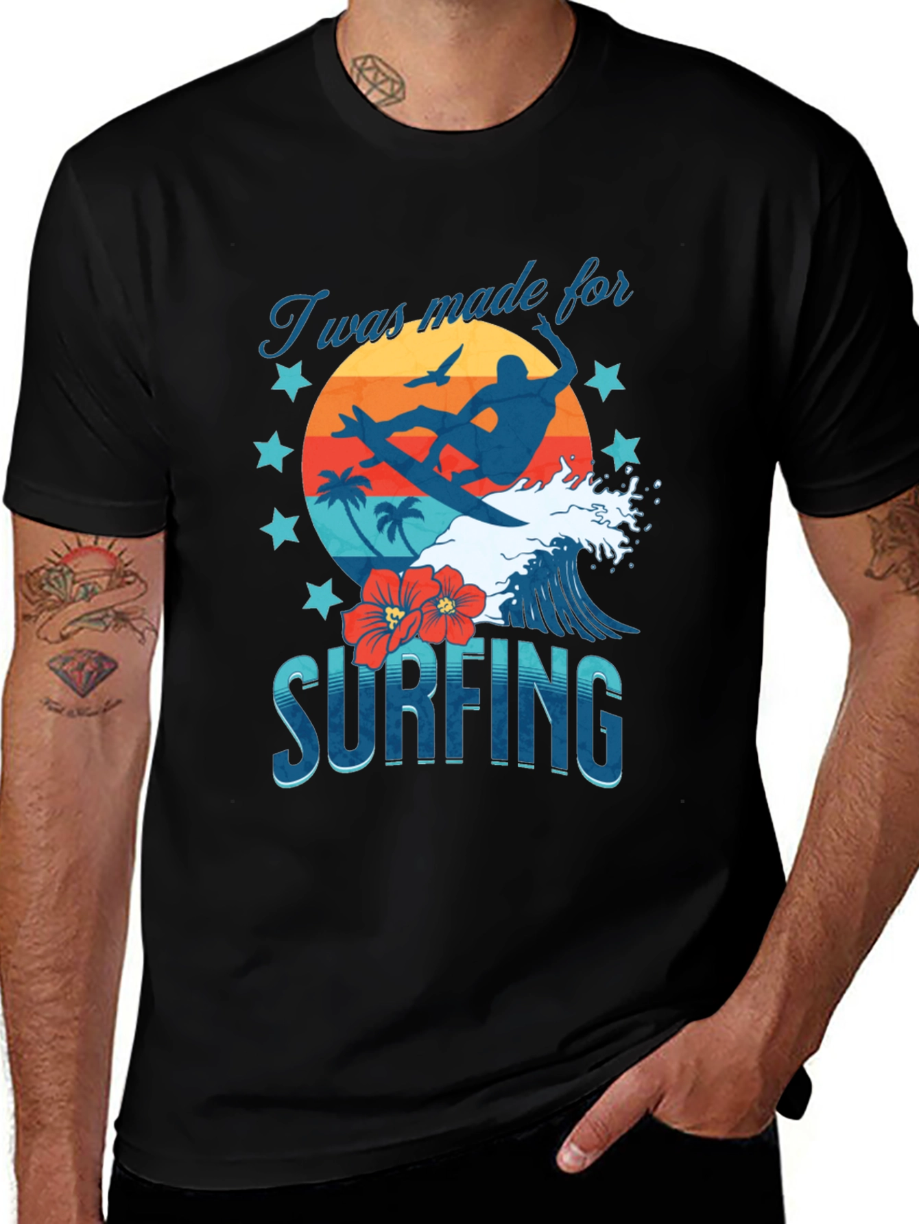 Camiseta Negra Estampada Surfing