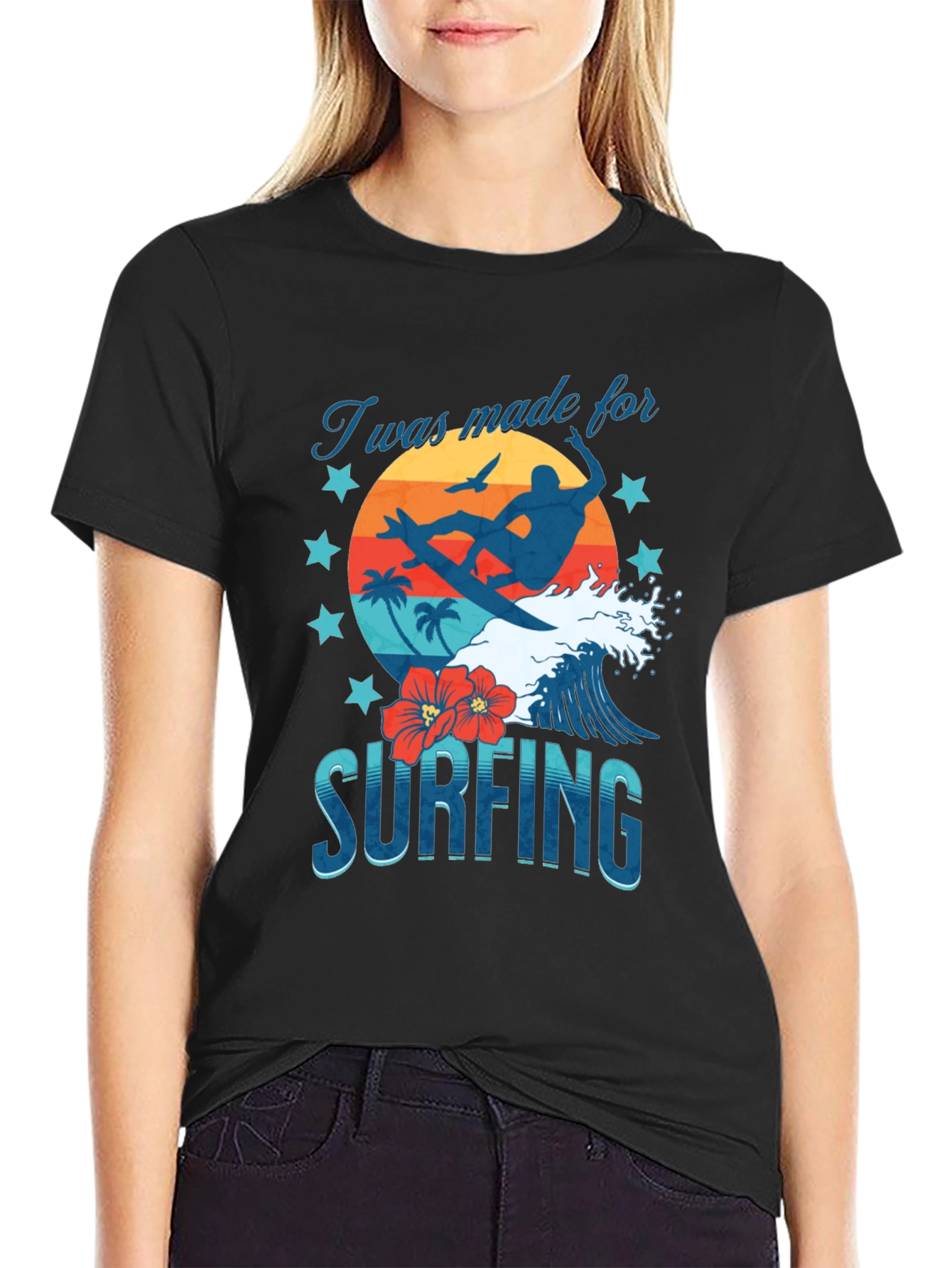Camiseta Negra Estampada Surfing