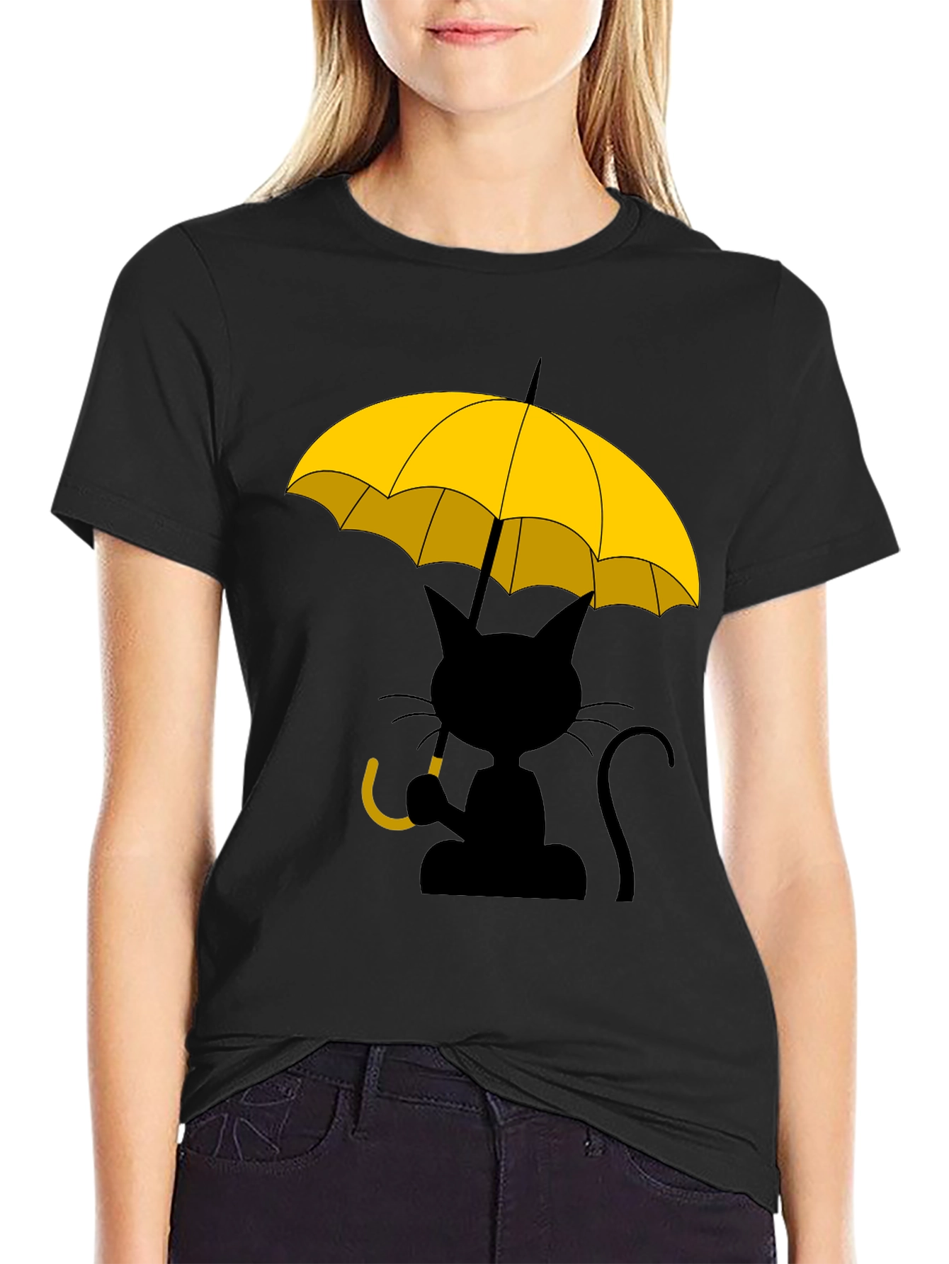 Camiseta Negra con Gato y Paraguas Amarillo