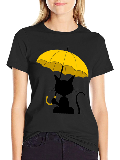 Camiseta Negra con Gato y Paraguas Amarillo