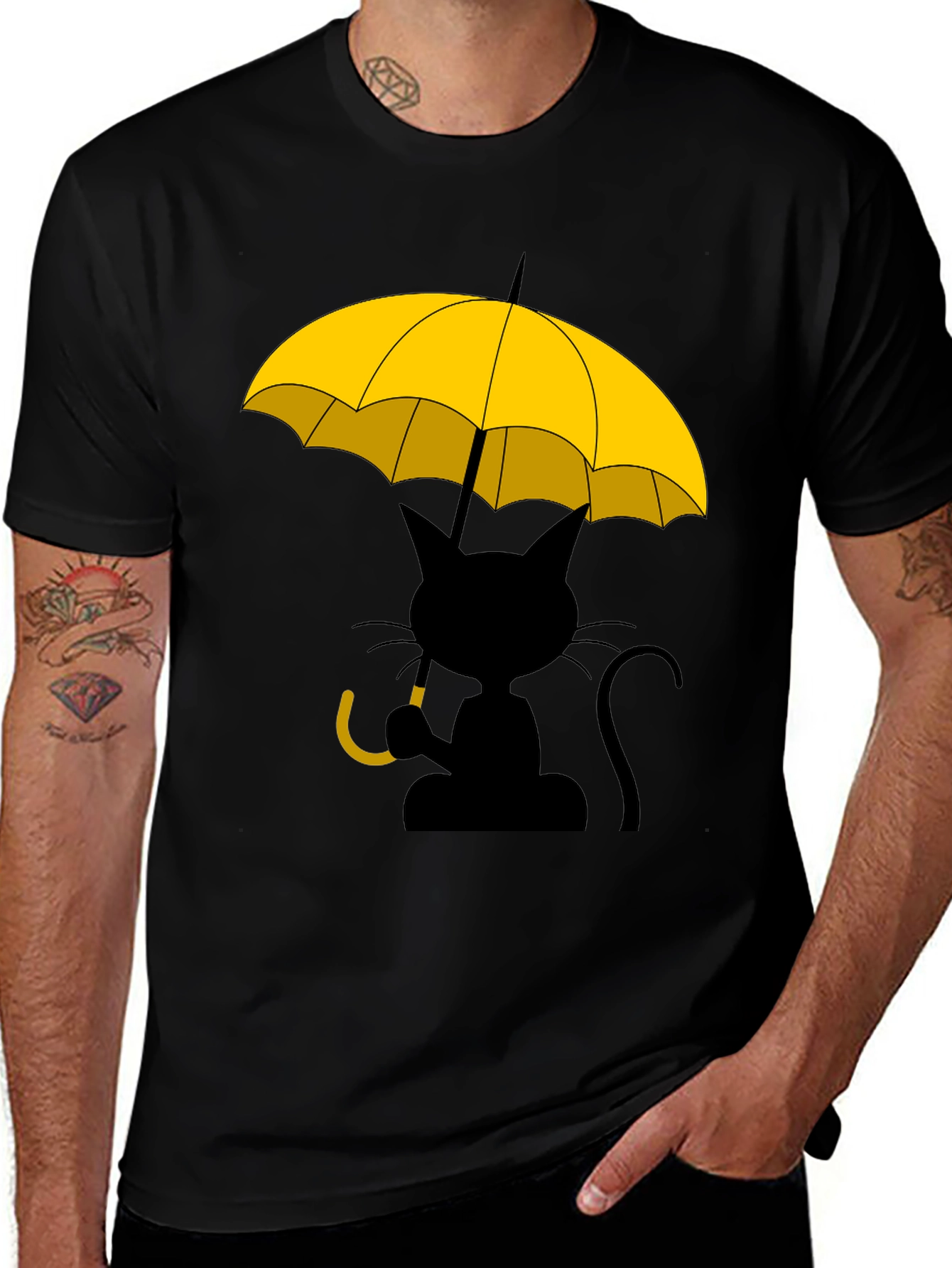 Camiseta Negra con Gato y Paraguas Amarillo