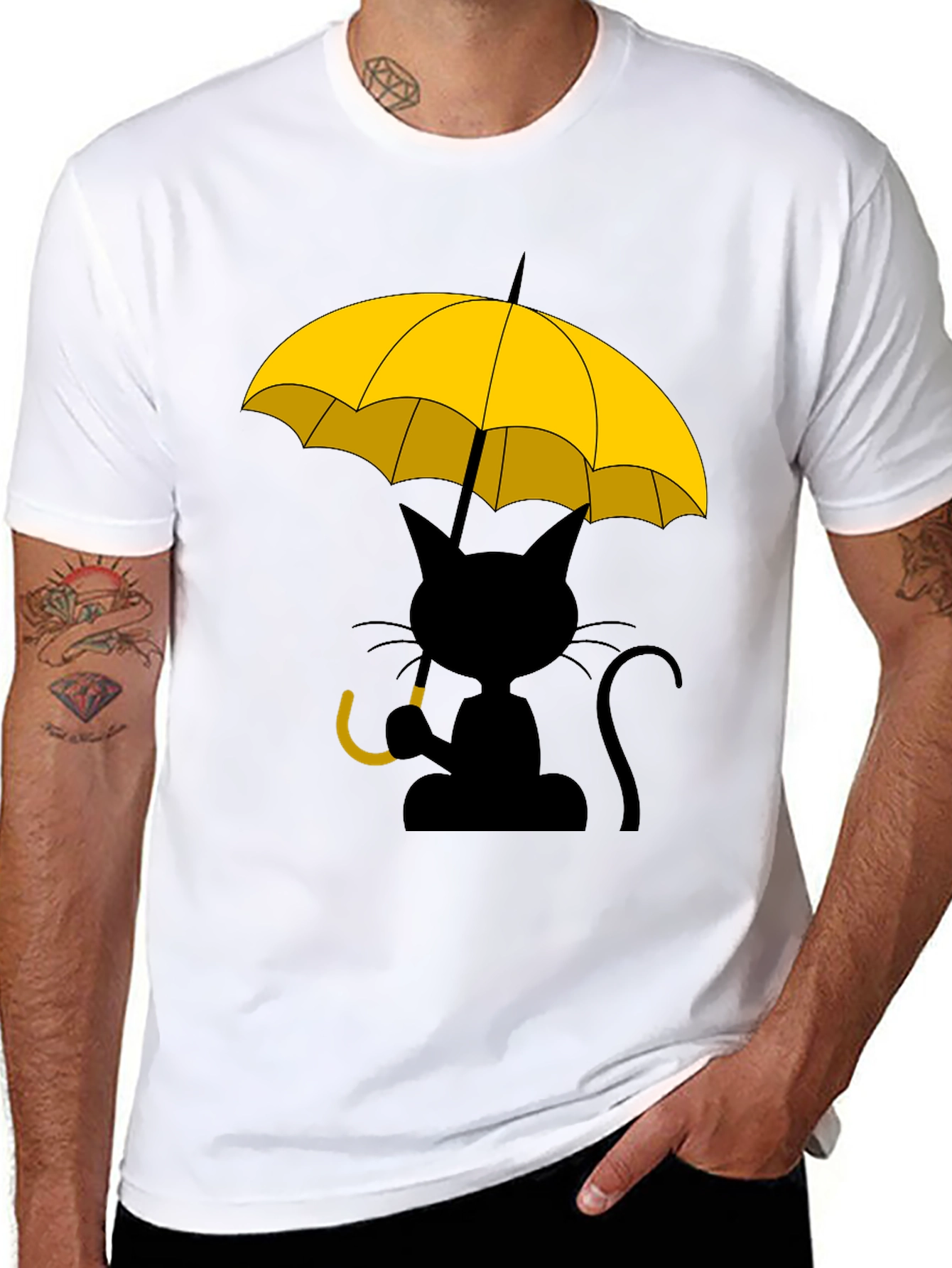 Camiseta Negra con Gato y Paraguas Amarillo