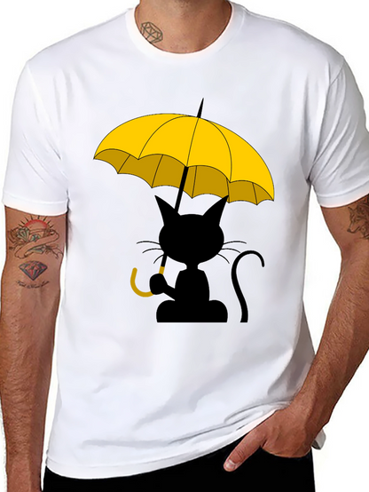 Camiseta Negra con Gato y Paraguas Amarillo