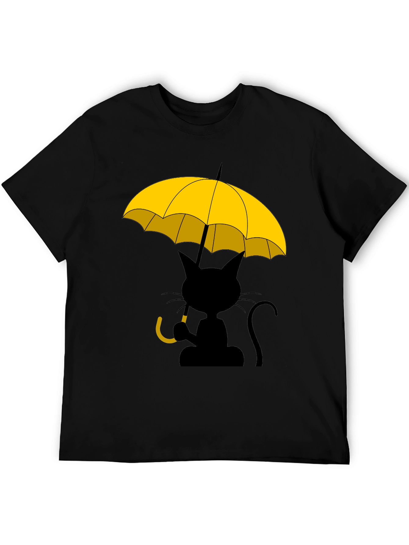 Camiseta Negra con Gato y Paraguas Amarillo