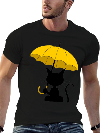Camiseta Negra con Gato y Paraguas Amarillo