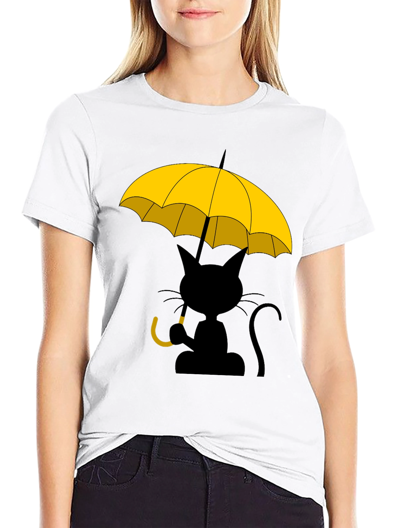 Camiseta Negra con Gato y Paraguas Amarillo
