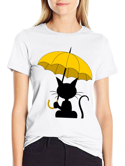 Camiseta Negra con Gato y Paraguas Amarillo