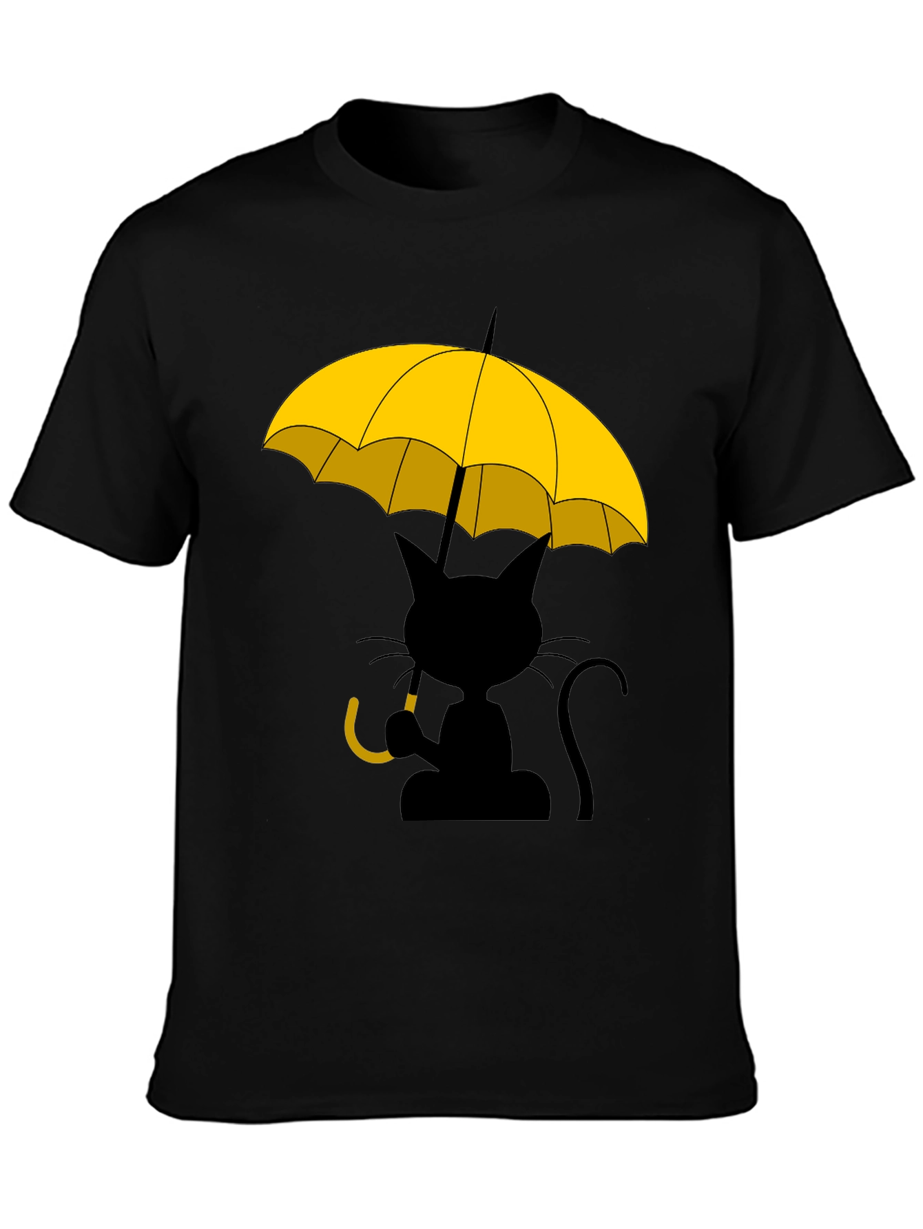 Camiseta Negra con Gato y Paraguas Amarillo
