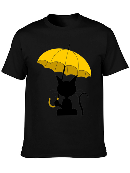 Camiseta Negra con Gato y Paraguas Amarillo
