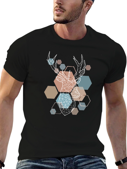 Camiseta Negra con Diseño Geométrico de Ciervo