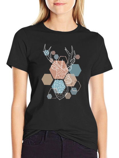 Camiseta Negra con Diseño Geométrico de Ciervo