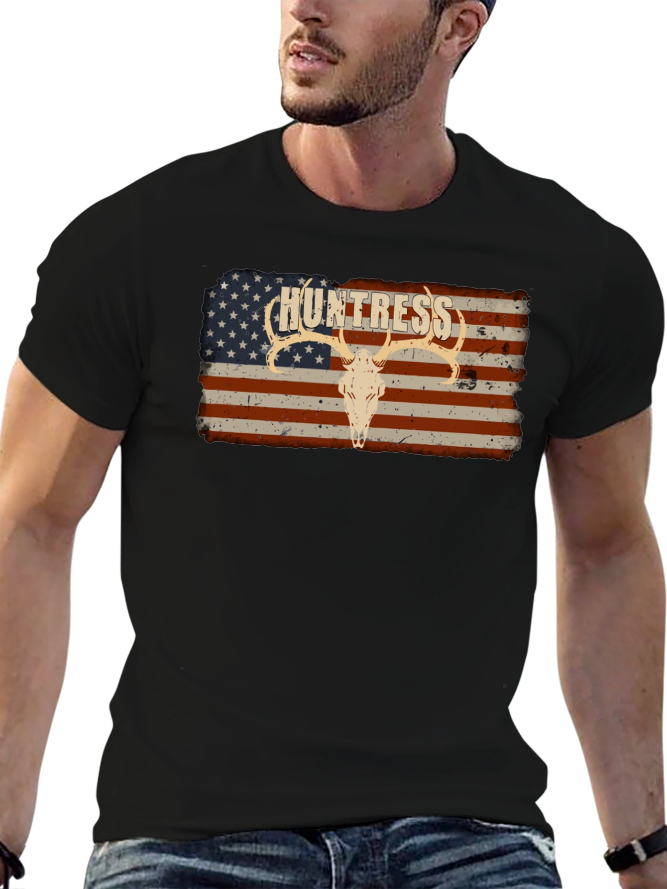 Camiseta Negra Huntress con Diseño Bandera Americana