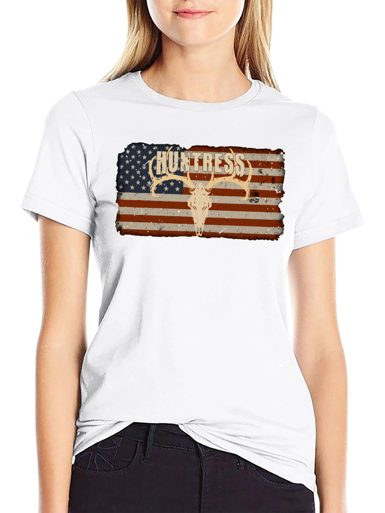 Camiseta Negra Huntress con Diseño Bandera Americana