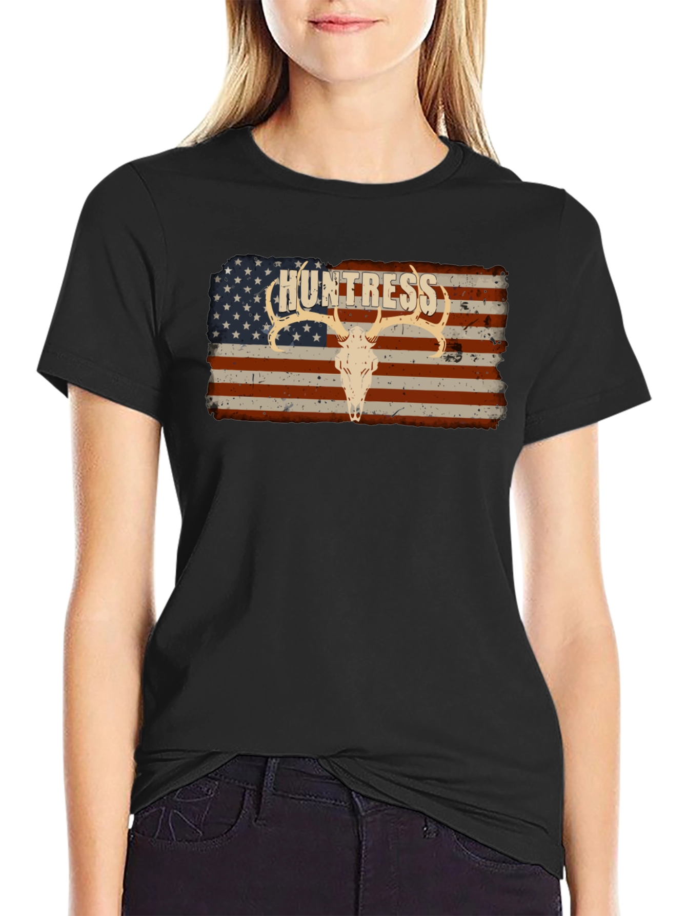 Camiseta Negra Huntress con Diseño Bandera Americana