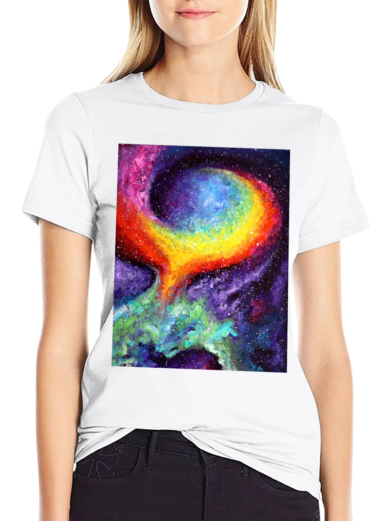 Camiseta Negra con Diseño de Galaxia Psicodélica