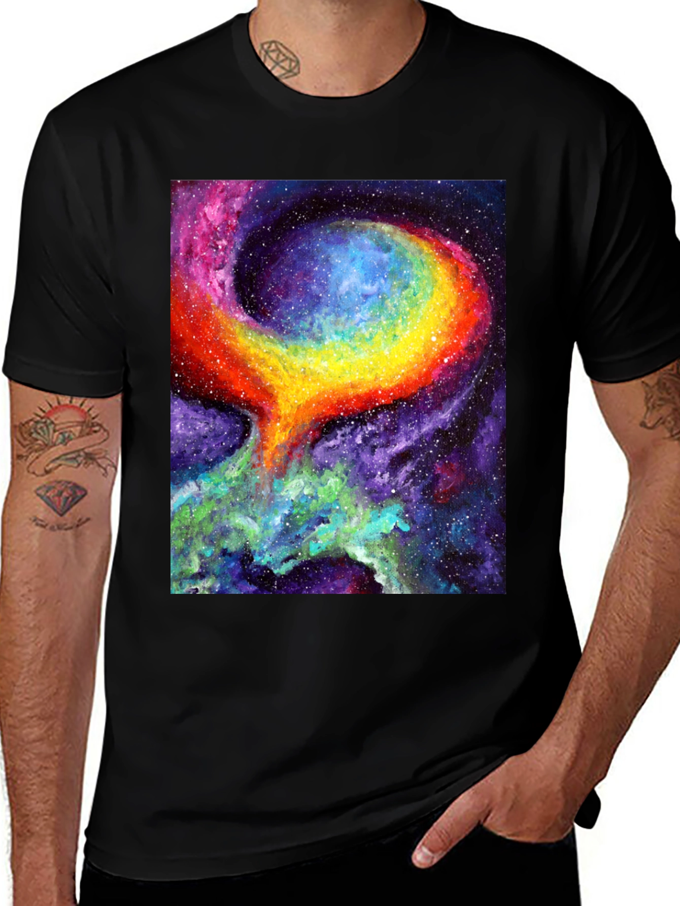 Camiseta Negra con Diseño de Galaxia Psicodélica
