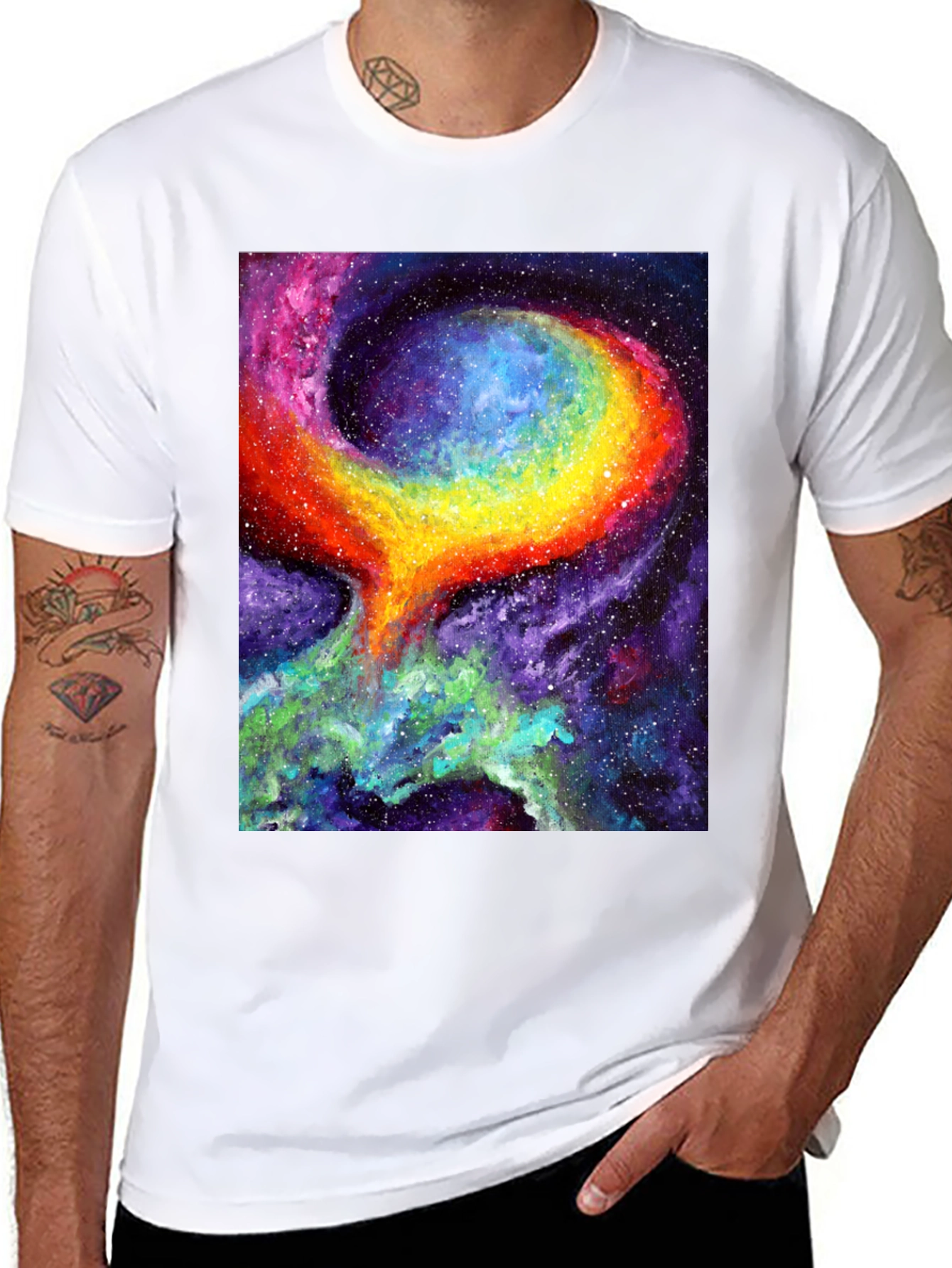 Camiseta Negra con Diseño de Galaxia Psicodélica