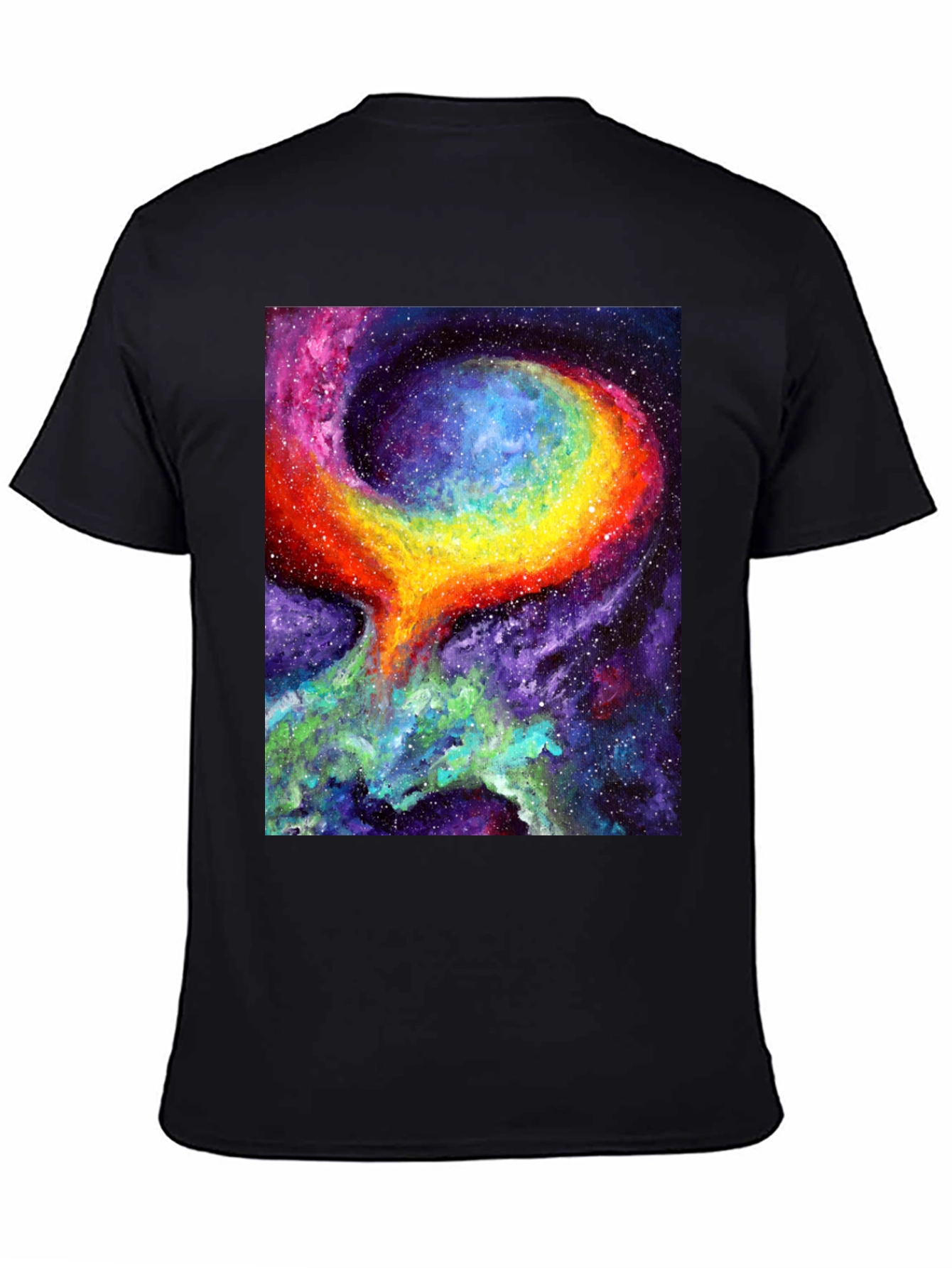Camiseta Negra con Diseño de Galaxia Psicodélica